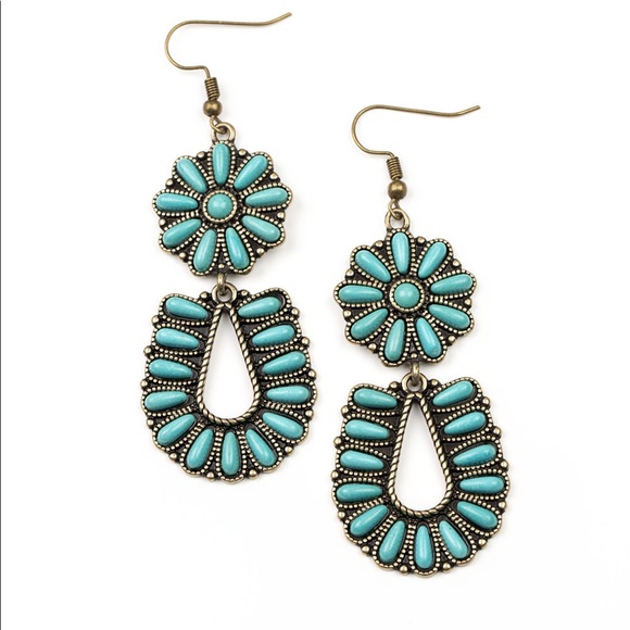 Turquoise/Brass Earrings - Picture 1 of 3